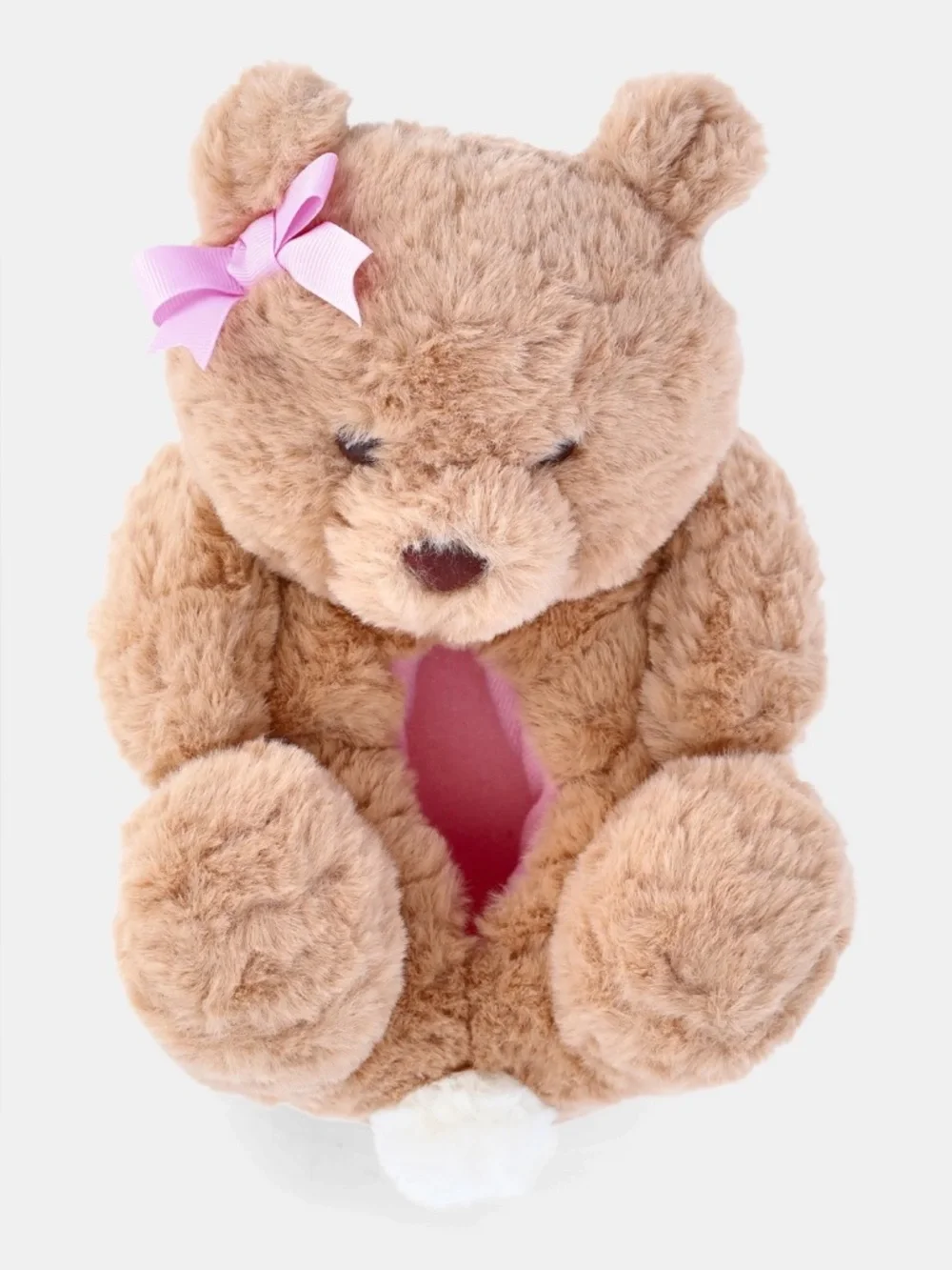 3D Teddy Bear Plush Brown Pink Bow Toddler, Little & Big Girls Cute Slippers